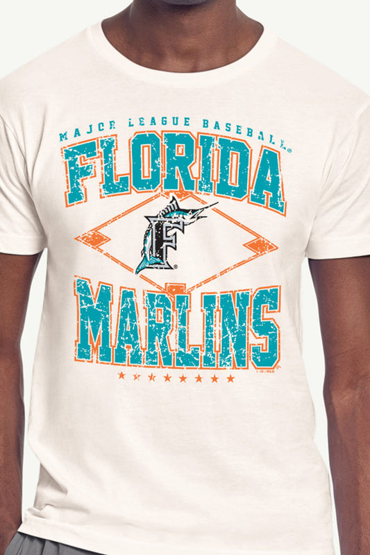 MENS MIAMI MARLINS DISTRESSED COOPERSTOWN DIAMOND SHORT SLEEVE T SHIRT Vintage White