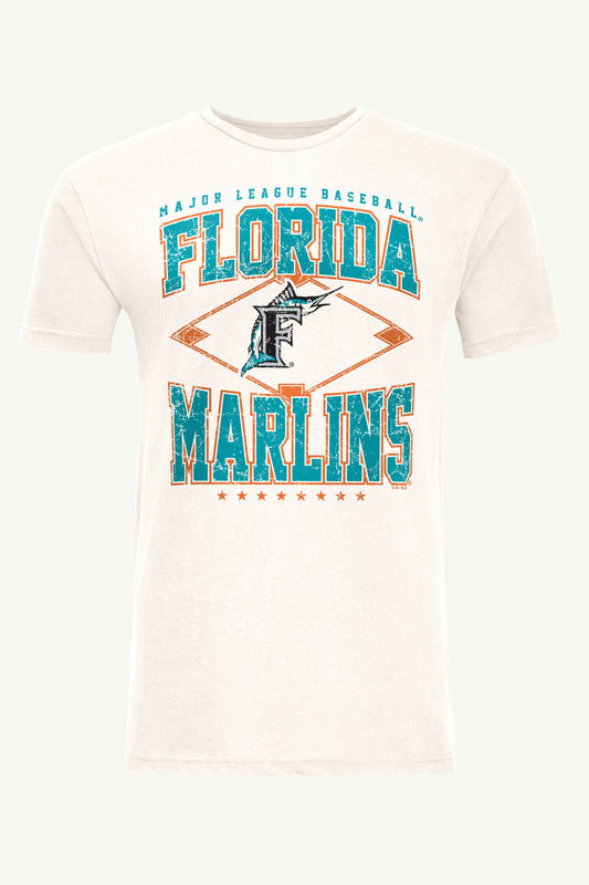 MENS MIAMI MARLINS DISTRESSED COOPERSTOWN DIAMOND SHORT SLEEVE T SHIRT Vintage White